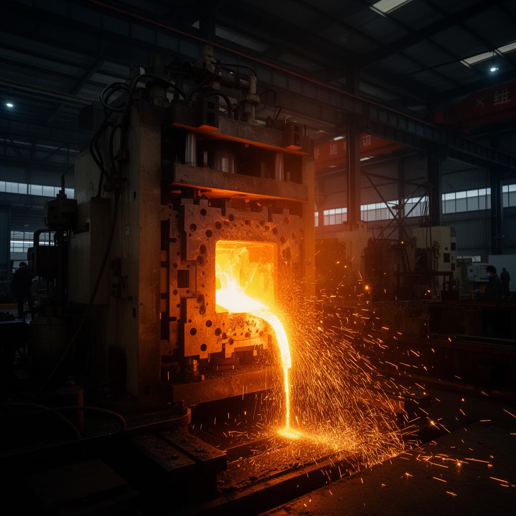 Hot chamber zinc die casting machine in operation