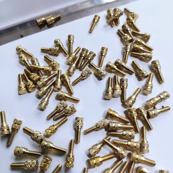 CNC-turning-machined-custom-brass-insert-with-knurling-for-enclosure-boss