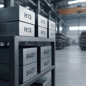 Reference photograph of hot-work steel blocks for die casting tooling; exact grades require material certificates