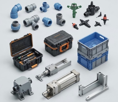 Injection-molded-industrial-parts-including-pipe-fittings-tool-cases-and-automation-equipment-components.