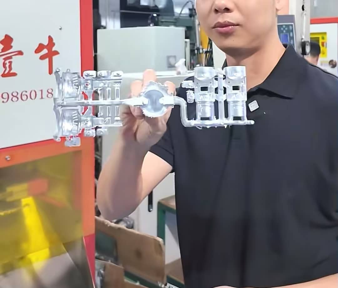 KTM team member holding cast components inside the Dongguan mold factory