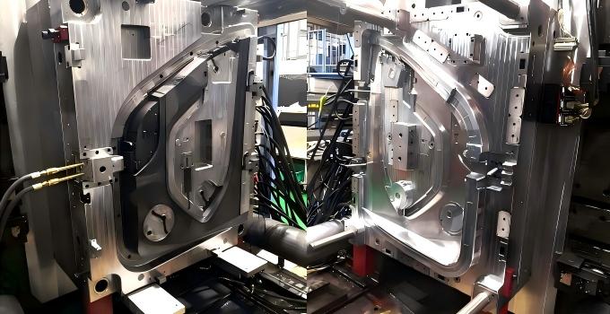 Open injection mold for a large curved automotive component