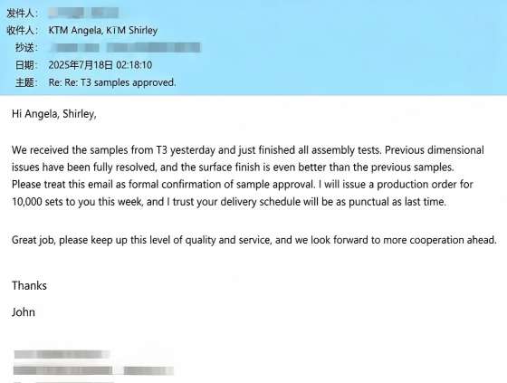 US-client-approving-T3-samples-and-confirming-a-10000-piece-injection-molding-production-order-at-KTM