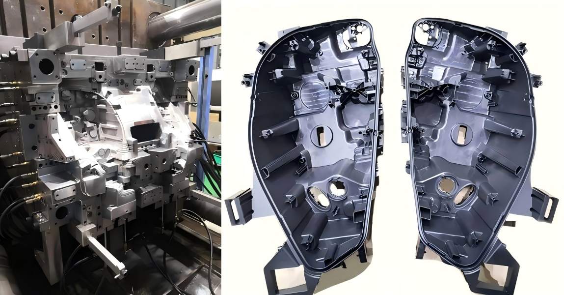 Large part injection mold and two black automotive lamp housings